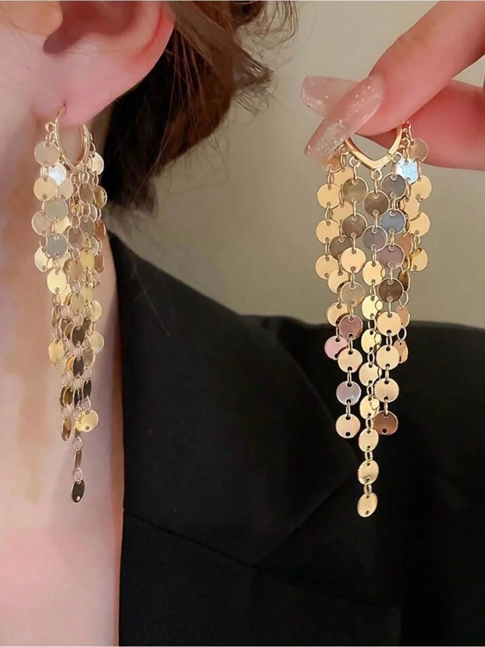 Gold Cascading Disc Hoop Earrings